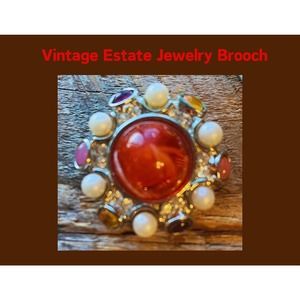 Vintage Estate Dark Orange Stone Brooch Gold Setting Beaded Surround Circle Pin